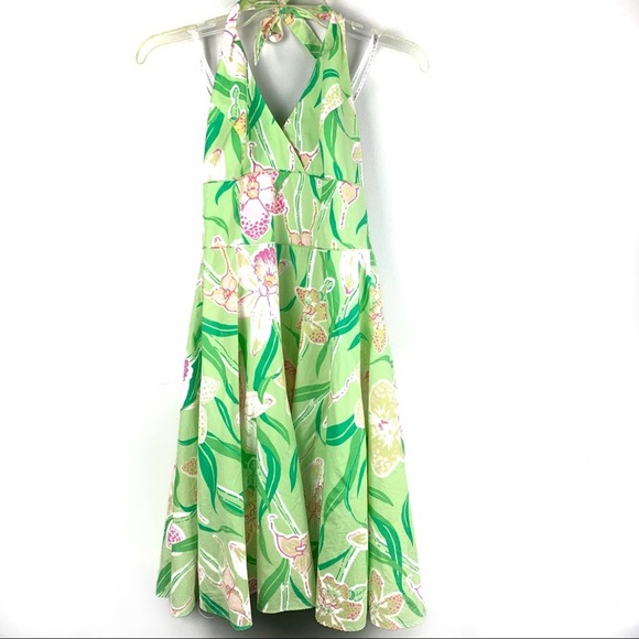 Lily Pulitzer Green Pink Floral Summer Halter Dress Size 0 Lined - Picture 1 of 9